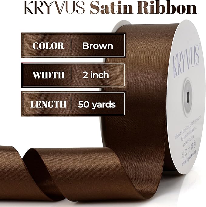 Brown Satin Ribbon, Double Faced 2 Inch X 50 Yards Brown Ribbon, Premium Satin Ribbon for Gift Wrapping, Crafts, Hair Bow Making, Sewing, Flower Bouquet, Wedding Party Decor