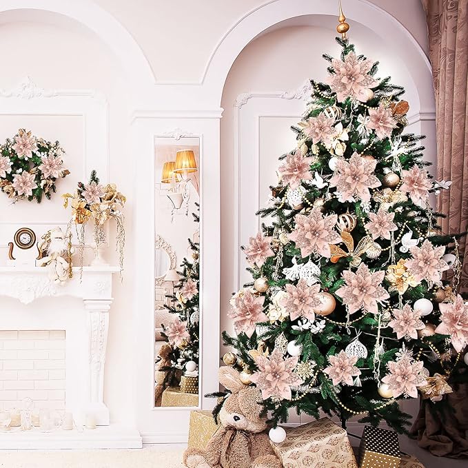 Geosar 24 Christmas Glitter Artificial Poinsettia Flowers Xmas Poinsettia Artificial Wedding Flowers Decorations Xmas Tree Ornaments with Clips for Party Favors, 6 Inch, 4 Inch, 3 Inch (Rose Gold)