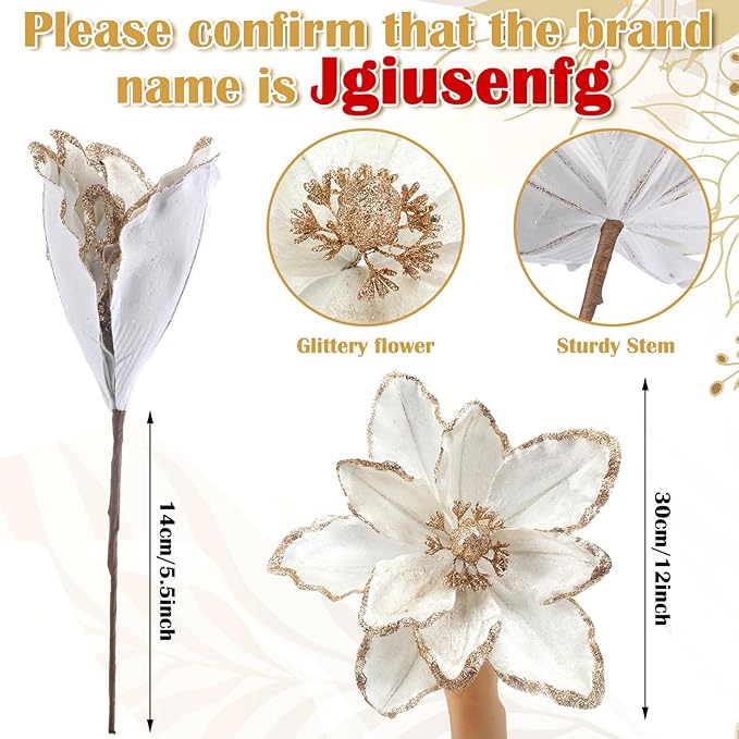 8 Pcs Large Christmas Flower Magnolia Flowers Christmas Tree Decoration Artificial Poinsettia Stems Velvet Xmas Ornaments for Xmas Tree Table Decor(White,12 Inch)
