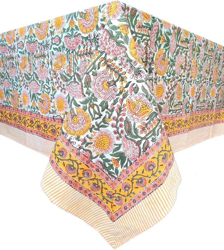 ATOSII Clover Yellow 100% Cotton Rectangle Fall Tablecloth, Handblock Floral Print Linen Table Cloth for Kitchen Dining I Parties, Outdoors, Christmas, Thanksgiving I 72 X 120 Inches I 10 Seater