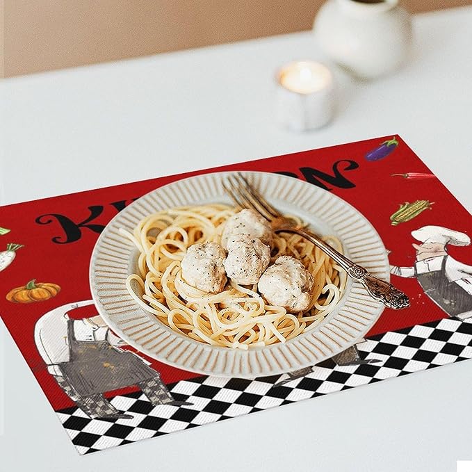 Chef Cooking Placemats Cartoon Rustic Vegetable Fruit Lattice Pastry Fat Chef Carrot Corn Gourmet Cookware Placemats Table Kitchen Dining Party 12x18 Inch Set of 6