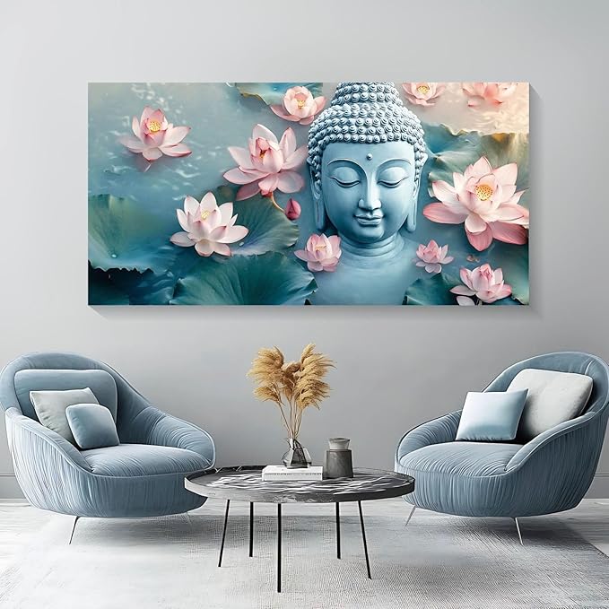 Iallbin Buddha Wall Art & Zen Wall Decor, White Lotus on Water Canvas Painting - for Yoga Meditation Room, Spa & Bathroom, Blue Art Deco Style, 58x29 Inches
