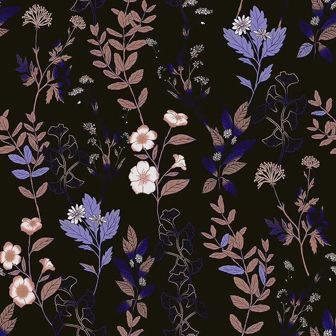 Black Floral Wallpaper Peel and Stick Purple Leaf Contact Paper 17.4" X 118" Moody Dark Wallpaper Waterproof Self-Adhesive Vintage Wall Covering for Bedroom Countertop Desk Cabinets Decor