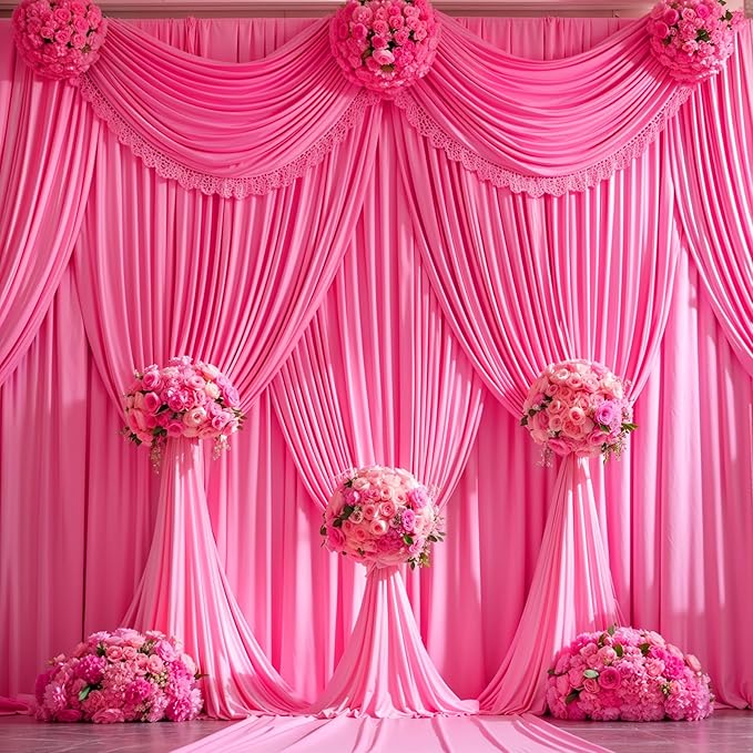 Hot Pink Backdrop Curtain 10 Panels-Wrinkle-Free Polyester Photography Drapes for Wedding Party Photo Background Decorations- 40 X10FT