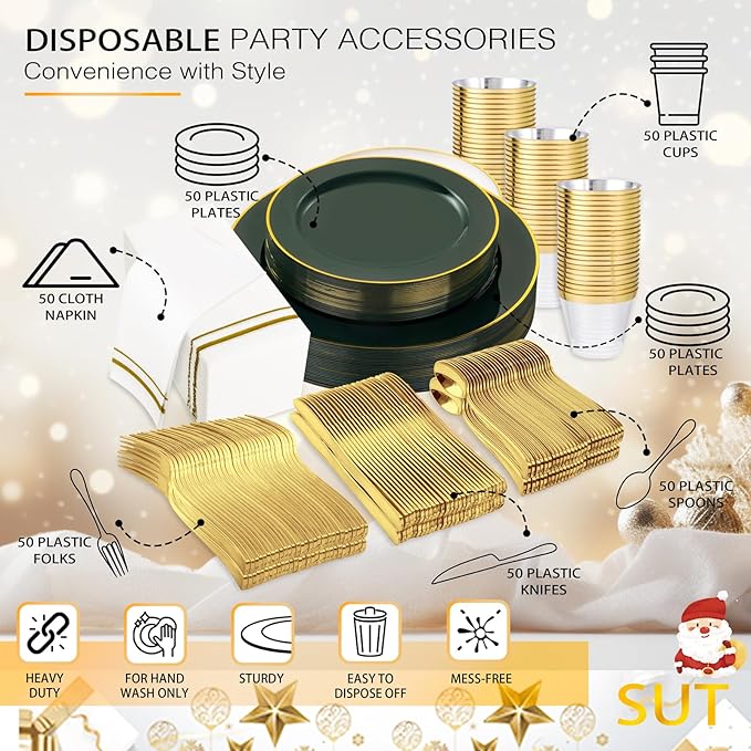 SUT 350PCS Green and Gold Plastic Plates for 50 Guests, Disposable Plates and Napkins Party Supplies, Gold Plastic Silverware, Plates, Cups and Napkins Sets，Party Plates and Cups and Napkins Sets