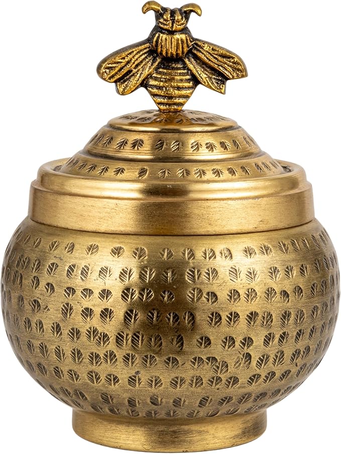 Round Hammered Metal Container with Bee Finial, Brass Finish