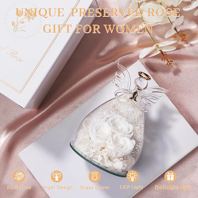 Beferr Christmas Birthday Gifts for Women, Mom Gifts for Christmas Fresh Flowers for Delivery Prime Forever Preserved Rose in Glass Angel Figurine Xmas Gifts for Grandma Wife Sister Her, White