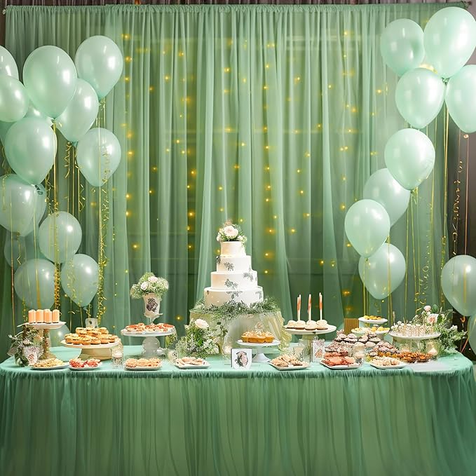 20x8ft Olive Green Tulle Backdrop Curtain with Lights String for Parites, Sheer Backdrop Curtains for Wedding Baby Shower Birthday Party Photo Shoot Decorations