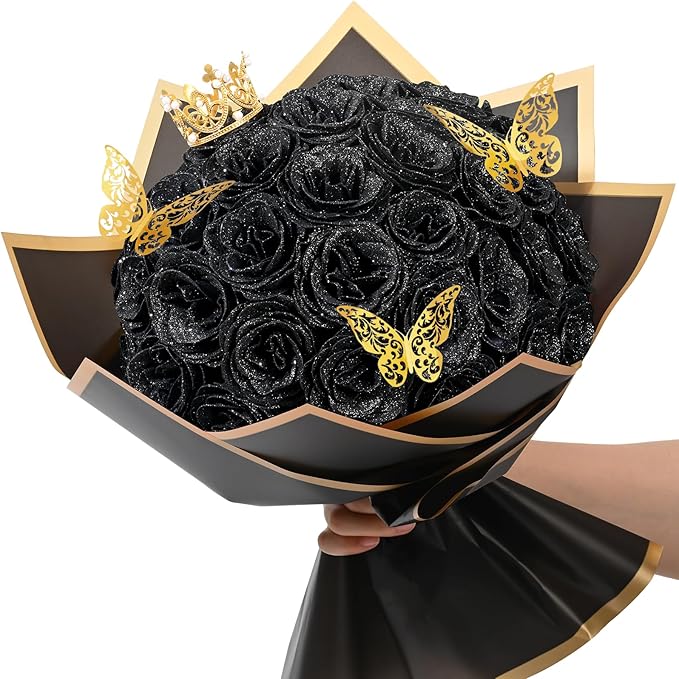 Waipfaru 36 Pcs Glitter Roses Bouquet, DIY Fake Flowers Bouquet, Artificial Black Rose Bouquet for Valentines, Mothers Day Gifts, Anniversary, Engagement, Wedding