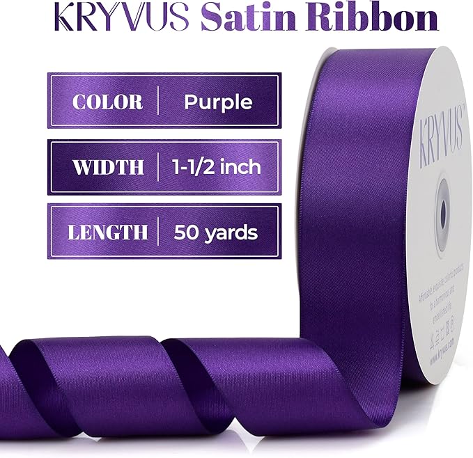 Double Faced Purple Satin Ribbon, 1-1/2 Inch X 50 Yards Polyester Ribbon for Gift Package Wrapping, Crafts, Bow Making, Sewing, Flower Bouquet, Wedding Party Decor