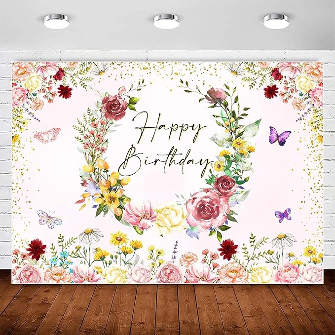 InMemory Spring Wildflower Backdrop Wild flower Birthday Decorations for Girl,Watercolor Butterfly Floral Happy Birthday Banner Background for Wildflower 1st Bday Party Supplies Photobooth Props 5x3ft