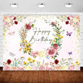 InMemory Spring Wildflower Backdrop Wild flower Birthday Decorations for Girl,Watercolor Butterfly Floral Happy Birthday Banner Background for Wildflower 1st Bday Party Supplies Photobooth Props 8x6ft