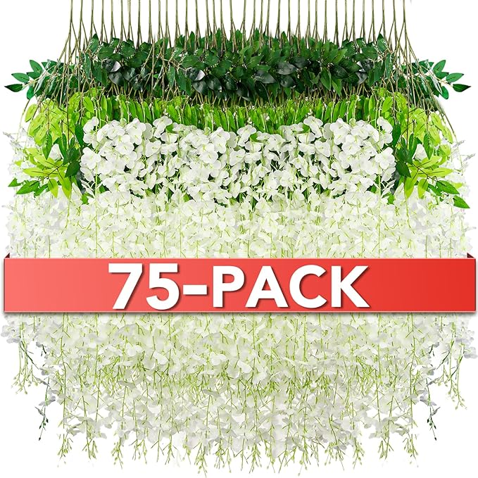 Wisteria Hanging Flowers,Fake Hanging Flowers,Wisteria artificiales Garland for Home Wedding Arch Floral Party Garden Ceremony Outdoor Decor,3.6 feet Long(75,White)