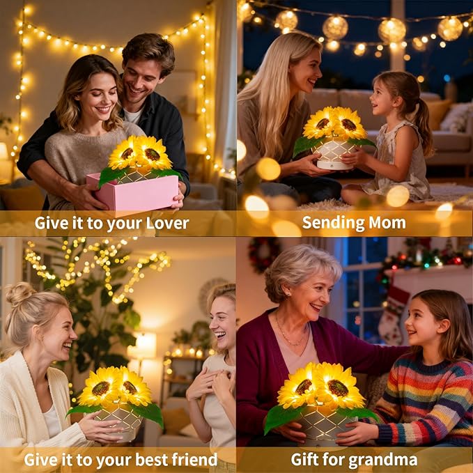 Cordless Sunflowers Table Lamp, Dimmable LED Touch Beside Lamp with Rechargeable Battery Operated, Small Night Light Lamps for Room Home Decor, Birthday Gift for Women Mom