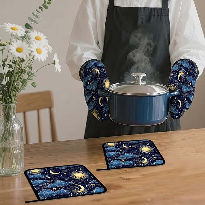 Starry Night Oven Mitts and Pot Holders Set,Sun Moon Kitchen Oven Gloves and Pot Holder with Heat Resistant Non Slip for Cooking Baking Grilling(4 Piece Set)