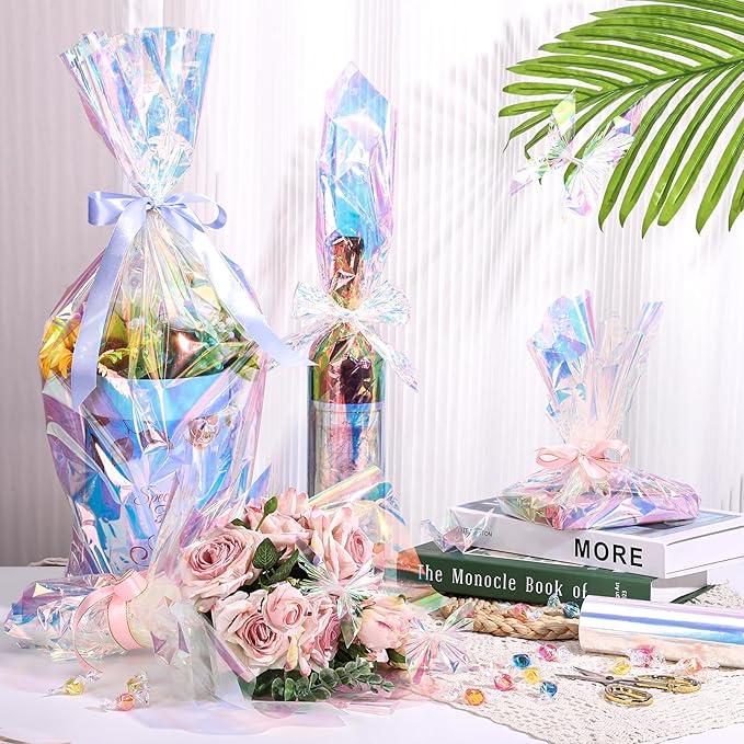 woric Iridescent Cellophane Wrap for Gift Baskets 82 Ft X 17 In Cellophane Wrap Roll Gift Basket Wrapping Plastic for Christmas Candy Basket Treats Flower Birthday Gifts DIY Crafts (Iridescent Blue)