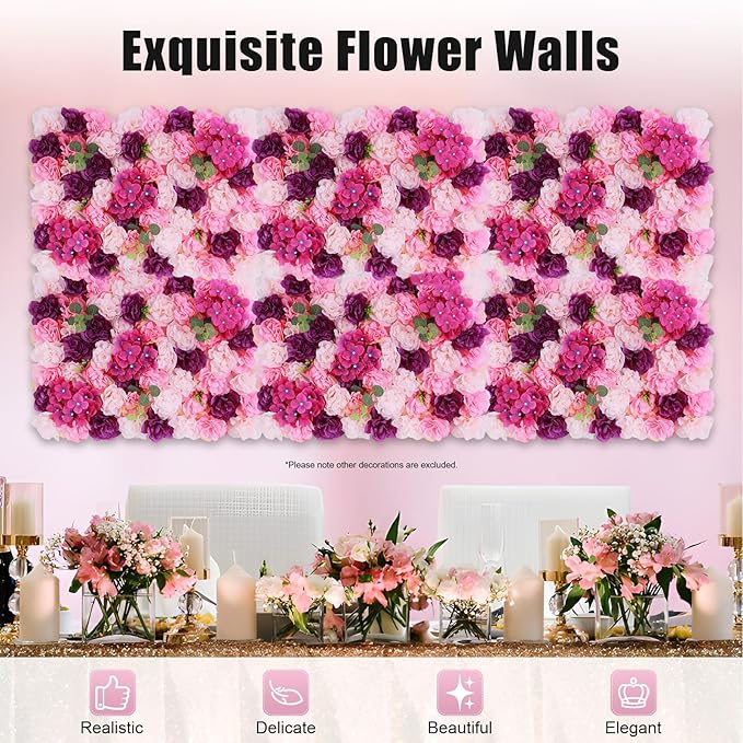 Flower Wall Panel Floral Backdrop,6pcs Champagne Flower Wall Decor,Silk Rose Wall, Artificial Flower Backdrop Faux Flower Panel for Wedding (6PCS Pink, Purple)