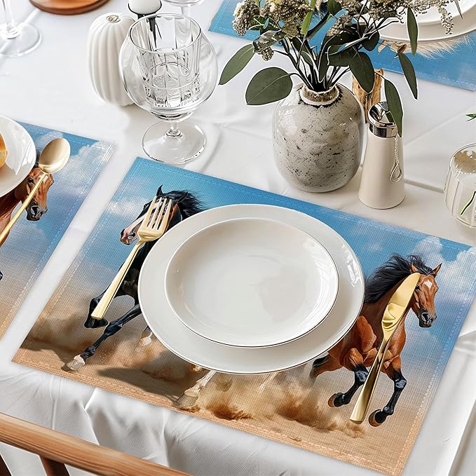 Running Horse Placemats Set of 6,Waterproof Heat Resistant Dining Table Plate Mat for Home Kitchen Dining Table 12x18Inch