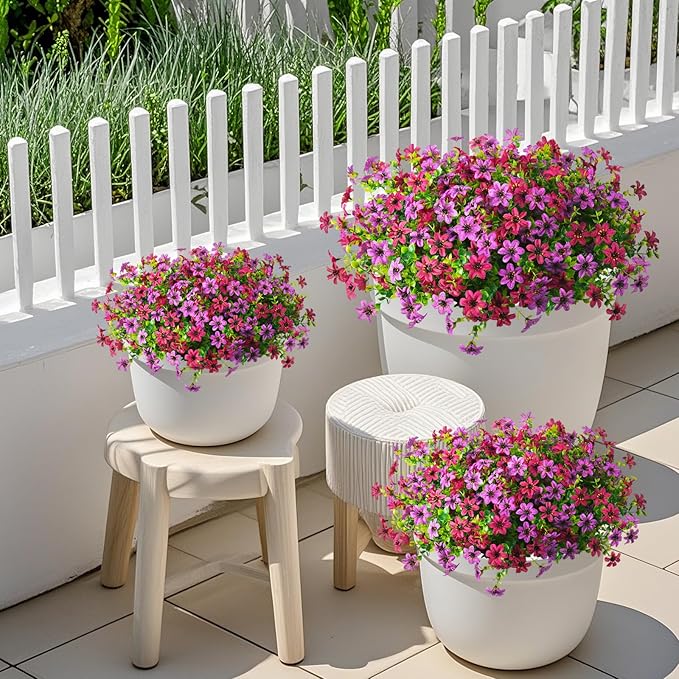 Homsunny Artificial Mums Fake Flowers for Outdoors Decoration, 12 Bundles Faux Silk Daisy Plants UV Resistant for Outside Garden Front Door Porch Planter Patio Yard (Light and Fuchsia)