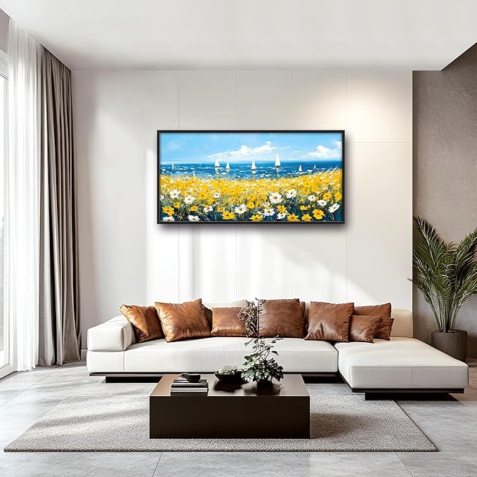 Coastal Flowers Large Wall Art Framed Blue Wall Decor for Living Room Ocean Sailboat Pictures Oversized Canvas Print Painting Modern Extra Large Framed Artwork for Bedroom Office 60"x30"