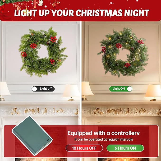 6FT Christmas Garland Faux Cypress Pine Cedar Garland with 20 LED Lights, Holiday Garland for Home, Wedding, Party Decorations