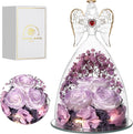 Mothers Day Rose Gifts for Women, Large Angel Figurines with Real Roses, Preserved Real Flower Rose for Her, Gardient Purple