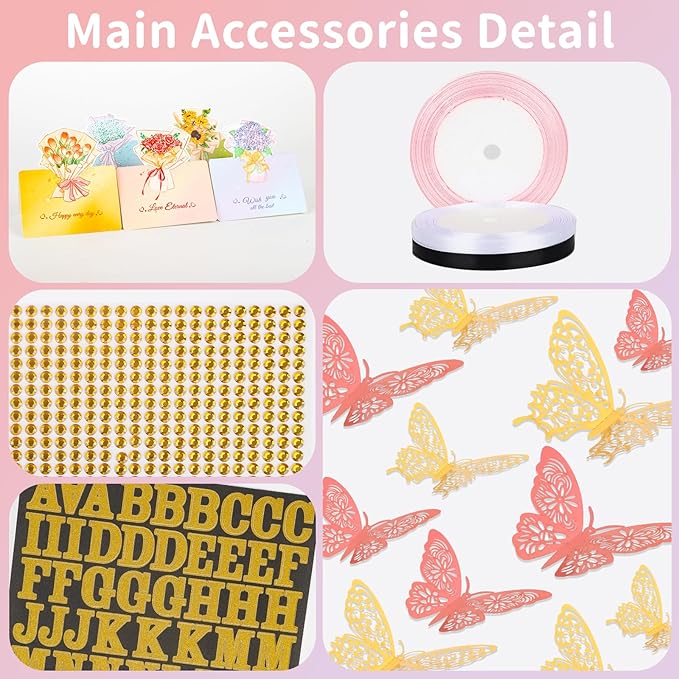 BESUPERT 52Pcs Flower Bouquet Wrapping Paper Kit, 20 Sheets Black Waterproof Floral Wrapping Paper, 1 Letter 1 Rhinestone Sticker, 12 Gold 12 Pink Butterflies, 5 Cards, 1 Black Ribbon (Gold Edge)