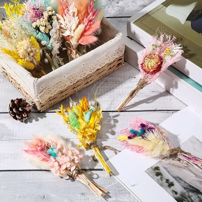 Layhit 12 Pack Boho Dried Flower Bouquet Mini Wedding Handmade Dry Flowers Decor for Vase Crafts DIY Photo Boutonniere for Men Floral Plant for Bridesmaid Gift Birthday Decor(Lively)