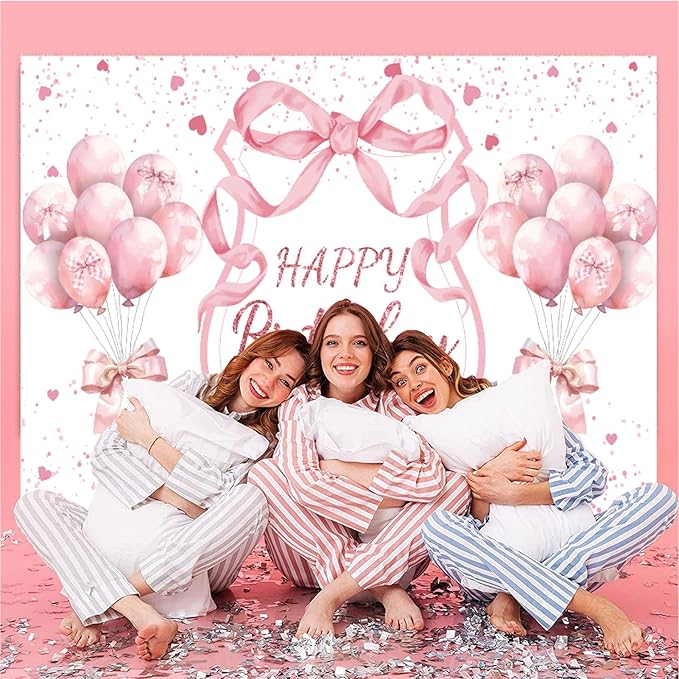 Pink Coquette Birthday Backdrop Decorations Pink Bows and Glitter Balloons Theme Background for Girls Women, Romantic Party Photo Banner for Bachelorette Birthday Decor 7x5ft