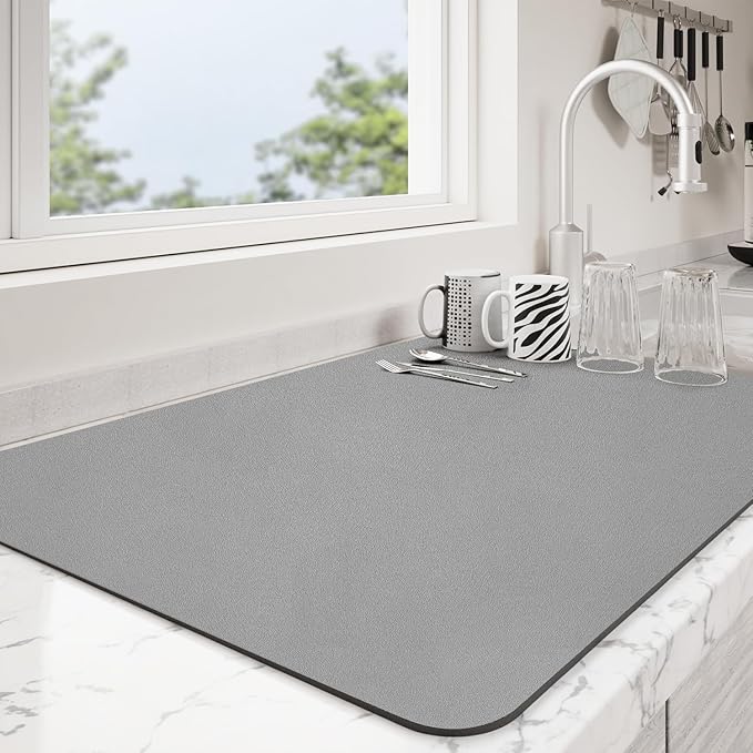 Dish Drying Mat for Kitchen Counter | Coffee Bar Mat for Countertops | Heat Resistant Drainer Mat with Non-slip Rubber Backed | Hide Stain Kitchen Absorbent Draining Mat | Grey 16"x20"