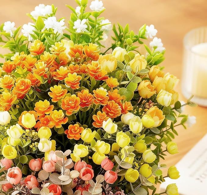 ilauke 7 Bundle Artificial Outdoor Flowers UV Resistant, Realistic Faux Roses in Multicolor for Garden Porch Decoration, All Season Fake Plants Bouquet