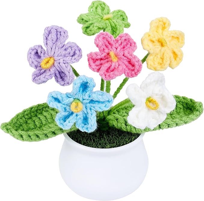 Crochet Flowers Handmade Knitted Potted Flower Gifts, Christmas Birthday for Women Coworkers Girlfriend Teacher, Cute Desk Home Room Office Decor Accessories