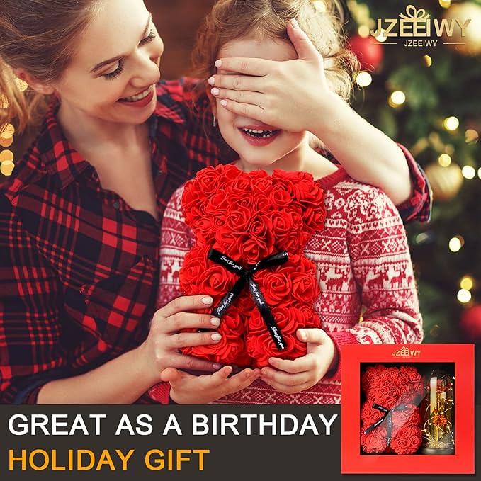 Flower Rose Bear for Mom,Perfect Birthday Romantic Gift for Wife Daughter Girlfriend Friend Her,Light up Rose in Glass Dome for Birthday Anniversary Mothers Day Valentines Day