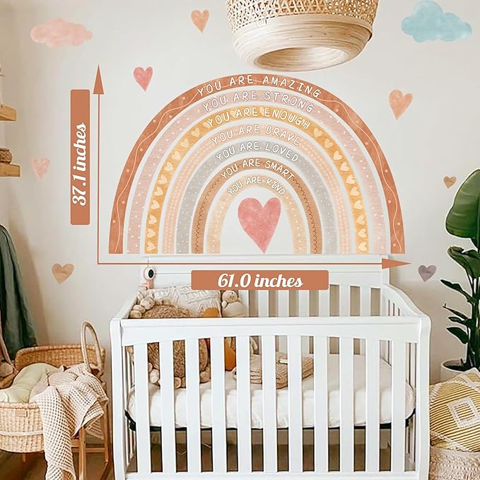 Large Rainbow Wall Decal Boho Kids Bedroom Wall Decals Peel and Stick Rainbow Wall Sticker Watercolor Inspirational Walls Decor Stickers Self-Affirmation Decal Vinyl Wallpaper for Nursery Playroom