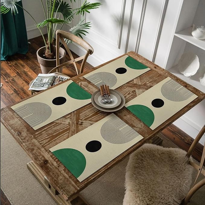 Boho Placemats Set of 4, Modern Minimalist Green and Black Circles Placemats, Boho Mid Century Modern Table Mats Place Mats for Kitchen Dining Table Decoration 16.9x11.4 Inch