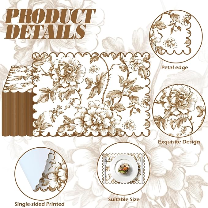 100 Pcs Brown Floral Paper Placemat Scalloped Disposable Chinoiserie Paper Table Placemats Brown Place Mats for Birthday Wedding Banquet Holiday Party
