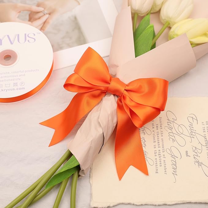 Double Faced Orange Satin Ribbon, 1-1/2 Inch X 25 Yards Polyester Ribbon for Gift Package Wrapping, Crafts, Bow Making, Sewing, Flower Bouquet, Wedding Party Decor