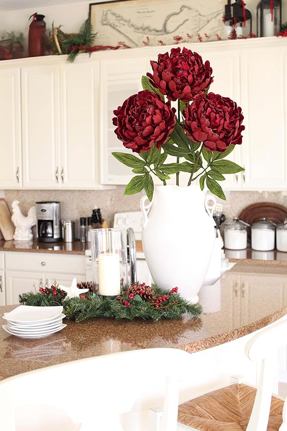 Briful 3PCS Red Peony Artificial Flower Stems 29.1in Long Stem Fake Peonies Silk Floral Arrangement Real Touch Peony Flower for Christmas Home Vase Party Wedding Bouquet Decor