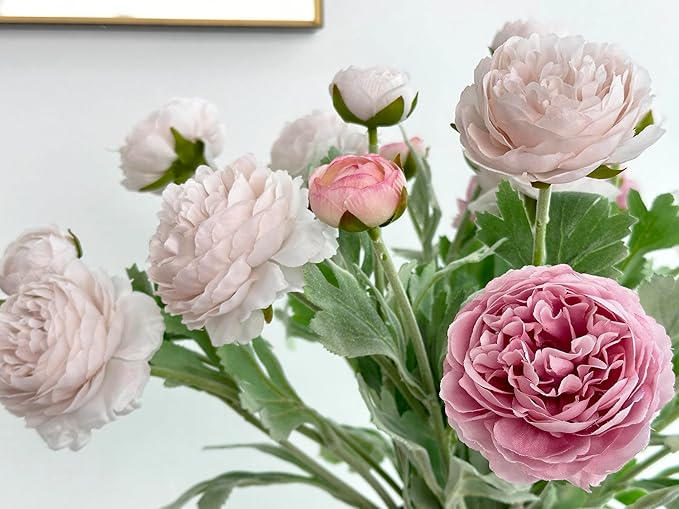 7 pcs Peony Artificial Flowers with Stems, Faux Ice and Opal Pink Ranunculus Mixed, Silk Flowers Arrangement for Home Office Farmhouse Indoor Decor, Kitchen Dining Table Centerpiece Decor