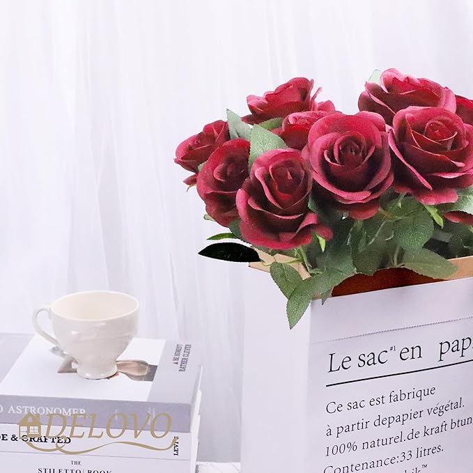 DELOVO 52pcs Burgundy roses artificial flowers Fake Flowers silk roses with Stems for DIY Wedding Bouquets Bridal Shower Centerpieces Arrangements Party Decorations