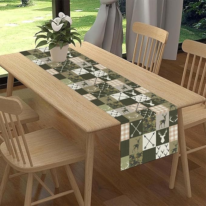 Farmhouse Table Runner, Rustic Deer Camouflage Buffalo Plaid Wild Animal Seasonal Coffee Table Center Decor for Home Kitchen Dining Holiday Party Table Decorations 13x108 inches
