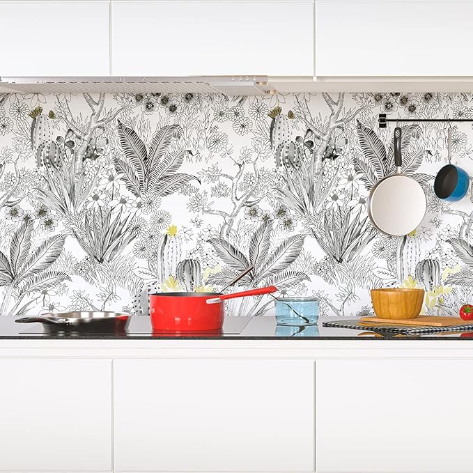 Wudnaye Floral Peel and Stick Wallpaper Vintage Contact Paper 17.7 inch × 393.6 inch Gray Flower Wallpapers Stick and Peel Removable Contact Paper White Waterproof for Bathroom Self Adhesive Vinyl