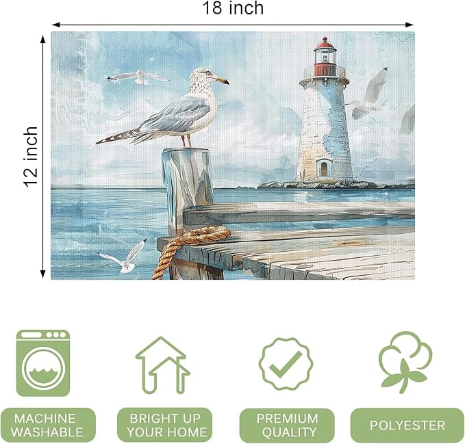 Lighthouse Seagull Placemats Set of 4 Washable Table Mats Ocean Nautical Coastal Heat-Resistant Cotton Linen Place Mats for Dining Table Kitchen Indoor Outdoor Party Holiday Decor