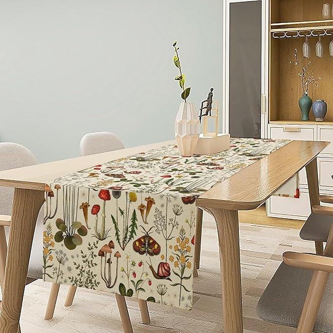 Vintage Mushroom Table Runner Rustic Farmhouse Wildflower Botanical Herbs Table Runner Boho Nature Plants Spring Summer Seasonal Dinner Runner for Home Kitchen Holiday Party Decor 13x70in