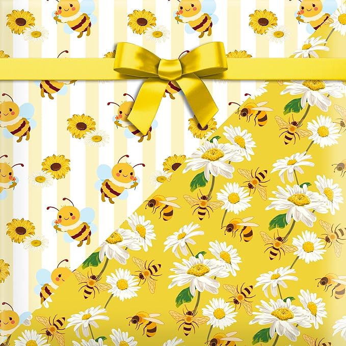 Jajajuegos 12 Sheets Bee Wrapping Paper Set - Yellow Black Bee Honeycomb Pattern - Gift Wrapping Paper for Winter Baby Shower, Birthday Party Decorations - 4 Designs, 20'' x 27''