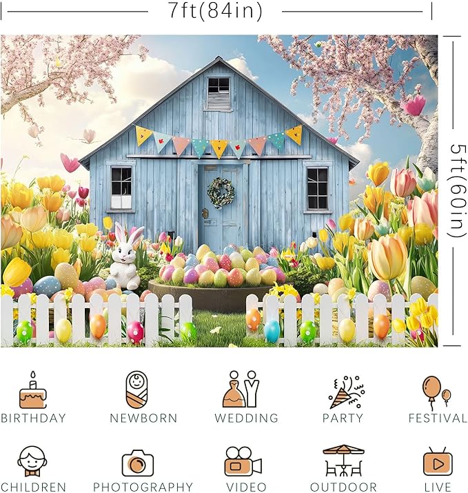 Easter Backdrop Spring Farm Barn Rabbit Bunny Egg Floral Grassland Photography Background Easter Party Decoration Supplies Favors Cake Table Banner Photo Booth Studio Props 7x5ft