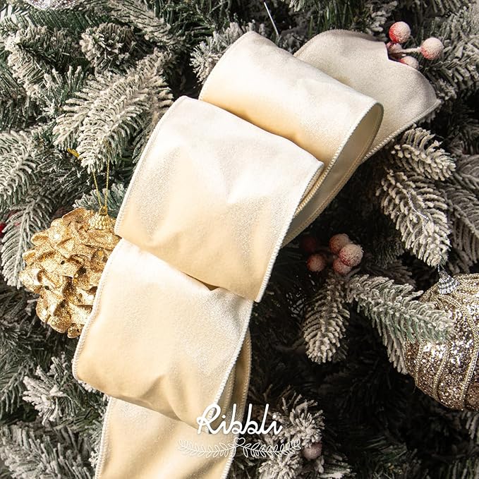 Ribbli Ivory Velvet Wired Ribbon 4 Inch Velvet with Satin Christmas Ribbon for Gift Wrapping Christmas Tree Decoration Crafts Wreaths Supplies-Continuous 10 Yards