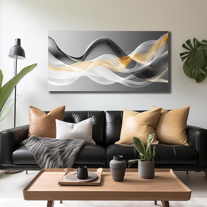JuhaiArt Abstract Wall Decor Art Gold Canvas Modern Black Picture White Art for Bedroom Office Decoration 24" x 48"
