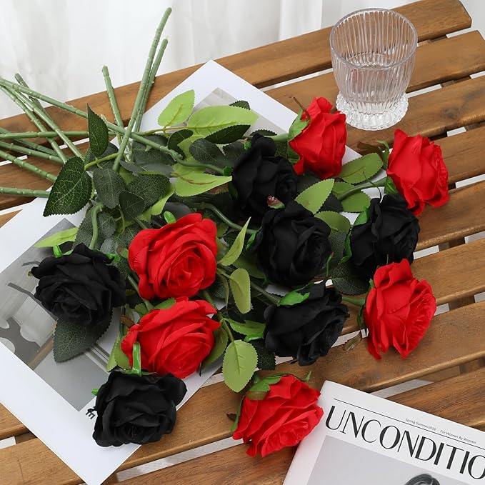 Tifuly Roses Artificial Flowers - 12 pcs Realistic Long Stem Fake Roses Mashup Style Silk Roses for DIY Bouquets Wedding Centerpieces Arrangements Home Party Decor(Black & Red)