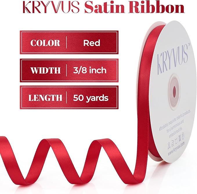 Red Satin Ribbon, Double Faced 3/8 Inch X 50 Yards Red Ribbon, Premium Satin Ribbon for Gift Wrapping, Crafts, Hair Bow Making, Sewing, Flower Bouquet, Wedding Party Decor